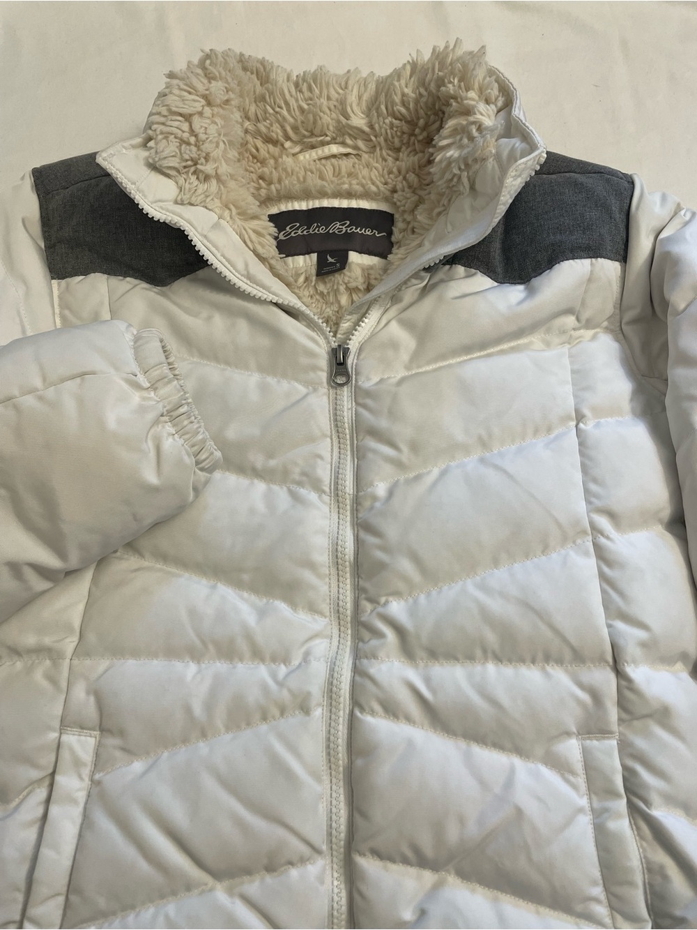 Eddie Bauer EB650 White & Grey Down Puffer Winter Jacket Coat Women’s Size Small